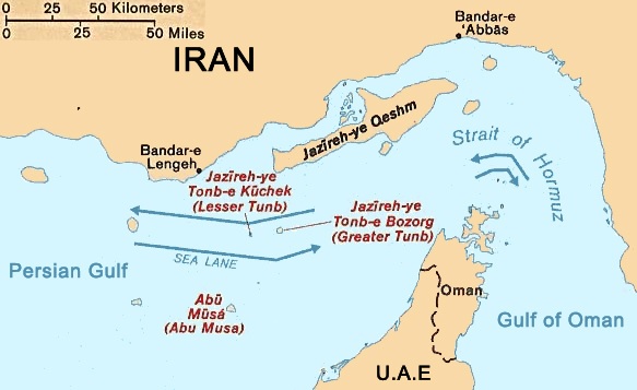 Public-domain locator map showing Iran, Oman, the United Arab Emirates, shipping lanes, and the Strait of Hormuz