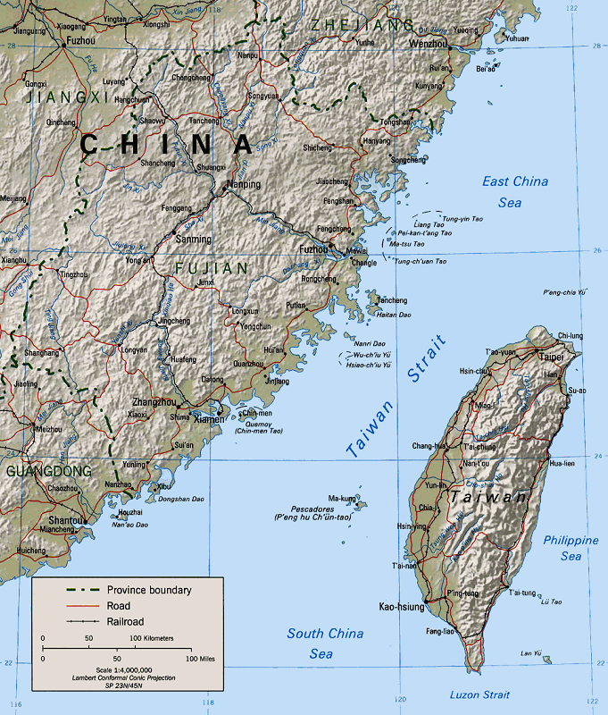 Public-domain locator map showing the Taiwan Strait between Taiwan and mainland China